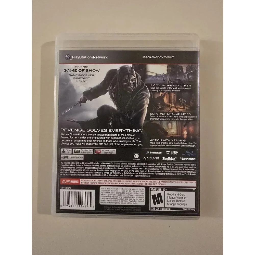 Dishonored Video Game For PlayStation 3 PS3 2012 Includes Game And Case